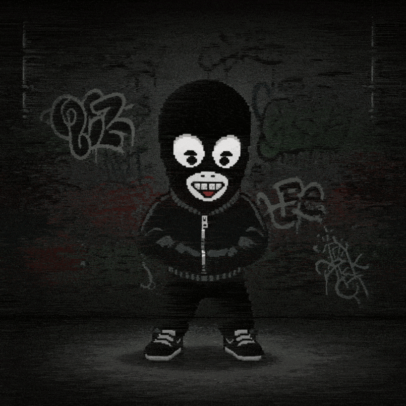 Animated masked slabofmisuse character against a graffiti wall