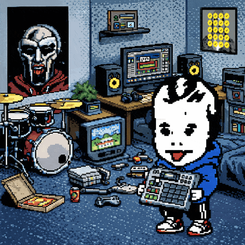 slabofmisuse in a pixel-art studio surrounded by instruments, samplers and familiar faces